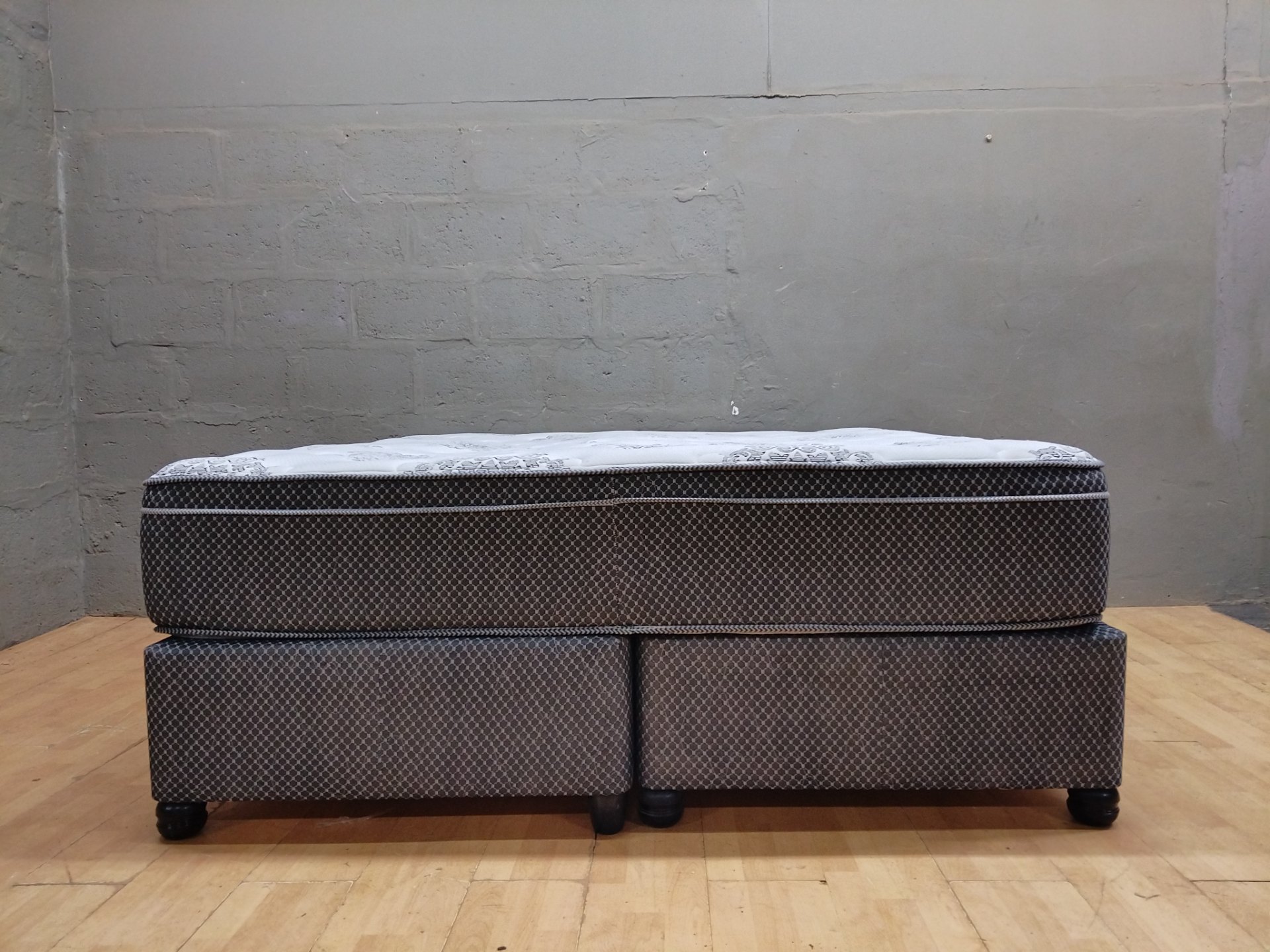 Body Tech Gold king mattress + split divan bases — clean pillow-top, labelled (182 x 191 x 70 cm)