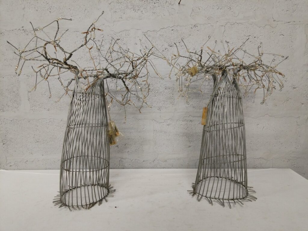 Pair of battery-powered decorative wire cone ‘trees’ with LED branches — tested working