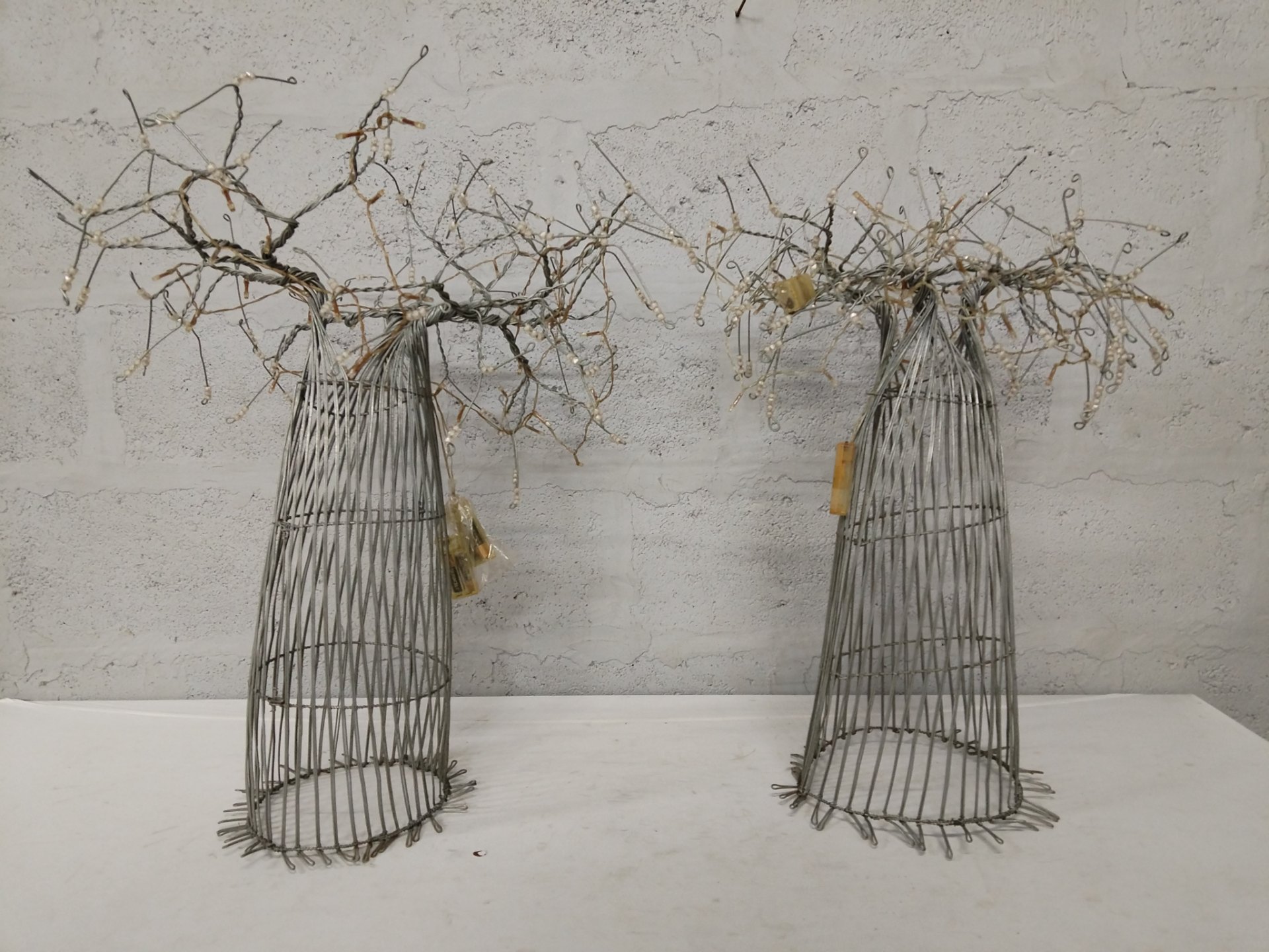 Pair of battery-powered decorative wire cone ‘trees’ with LED branches — tested working