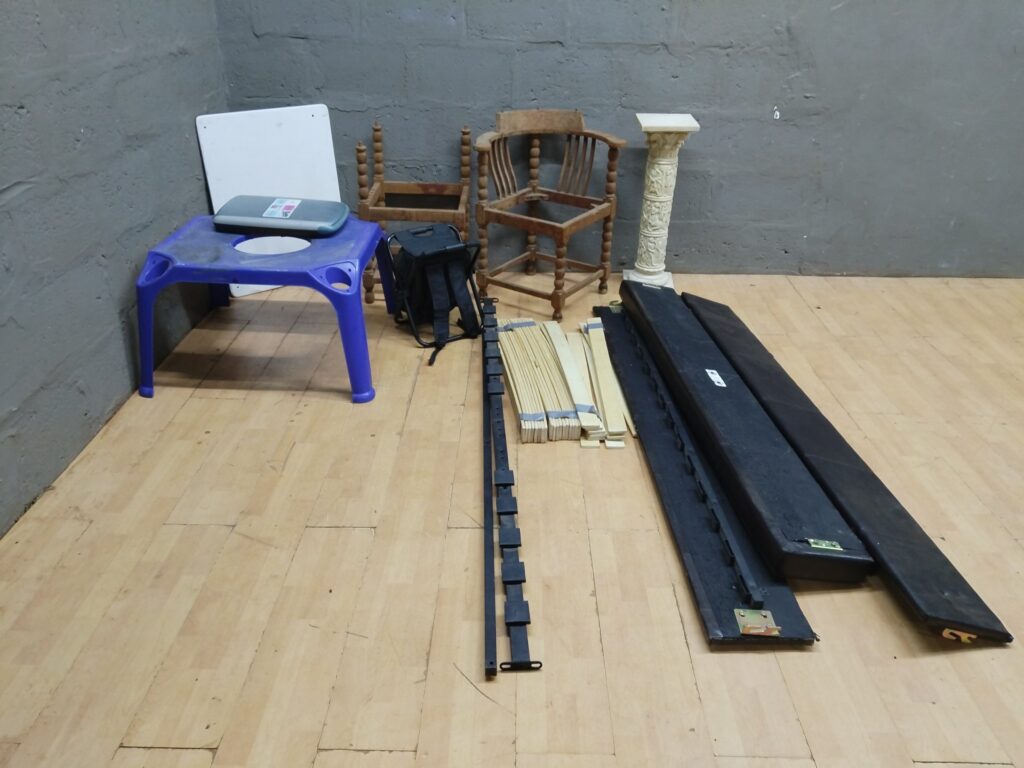 Mixed lot — furniture parts & small items: 2 turned-wood chair frames, bed-base panels, slats, rails, child’s table, decorative plinth