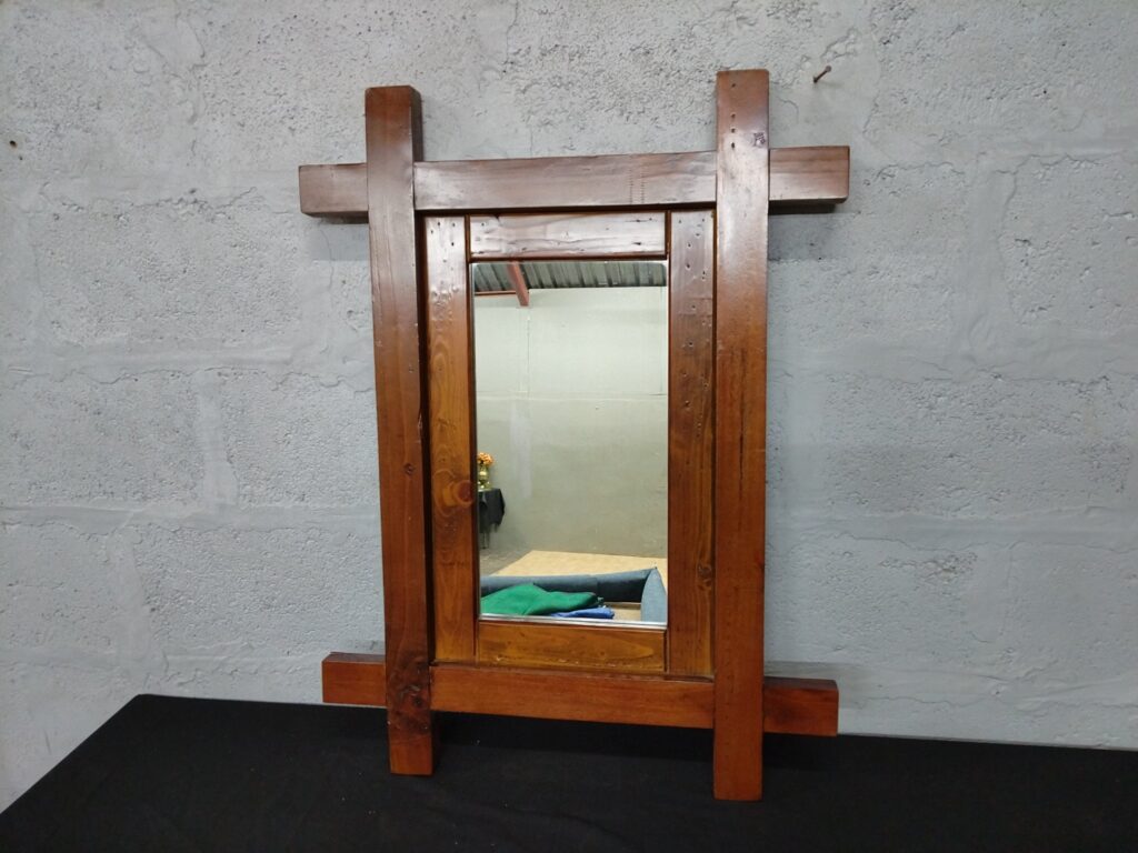 Large Wooden Framed Wall Mirror – 75 x 100 cm — Intact Glass, Rustic Frame with Crossbeam Detail