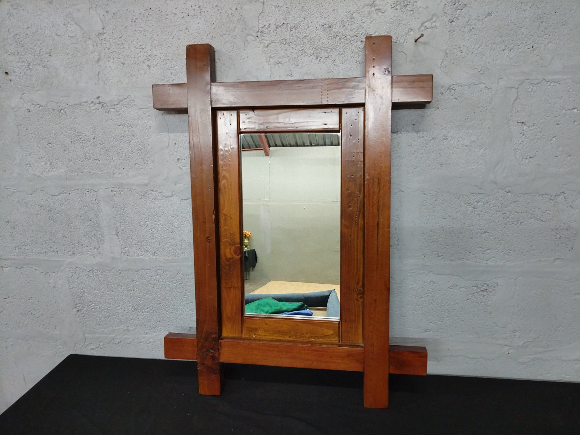 Large Wooden Framed Wall Mirror – 75 x 100 cm — Intact Glass, Rustic Frame with Crossbeam Detail