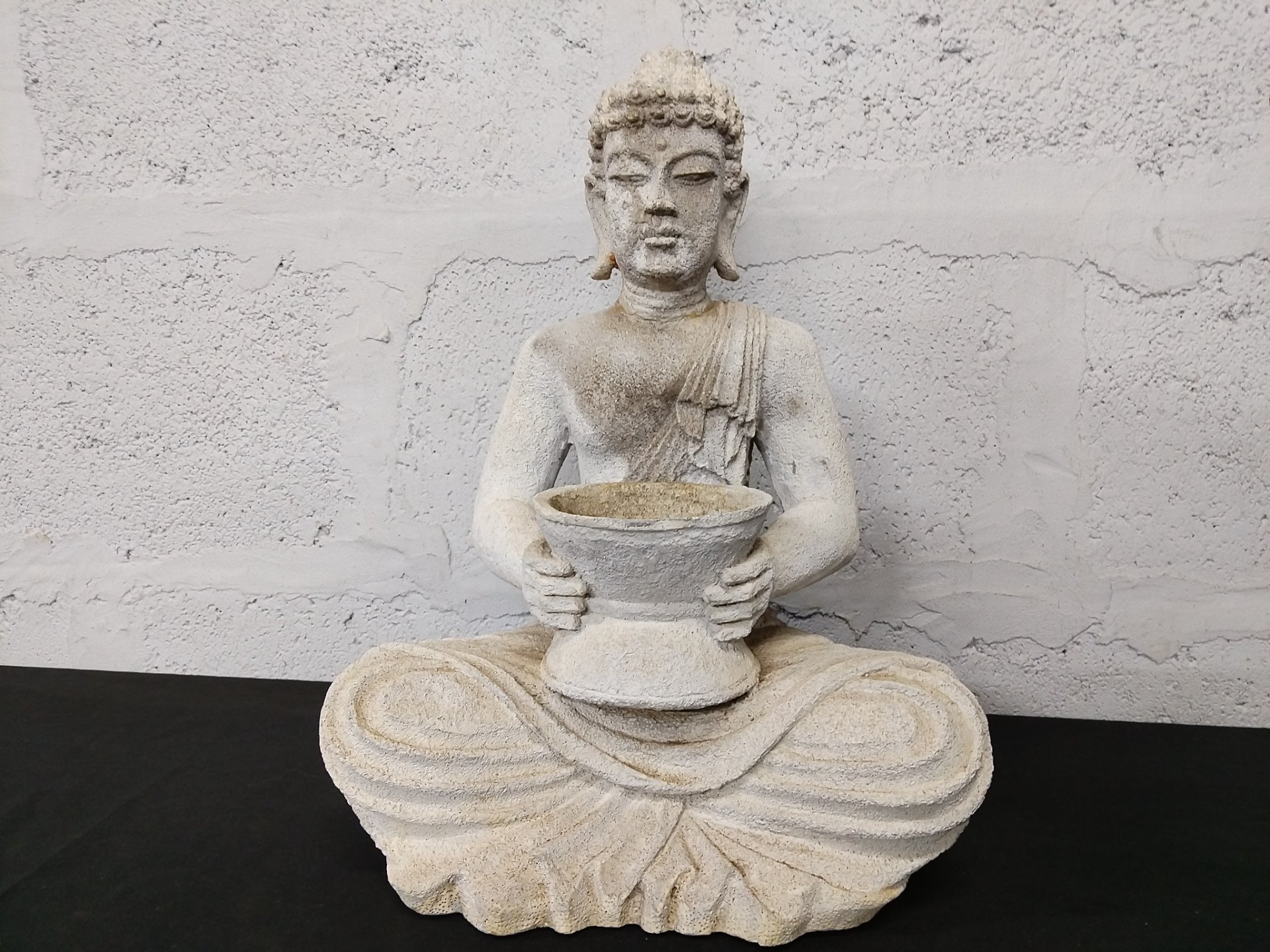 Seated Garden Buddha Statue — Rough aggregate finish, weathered patina, visible chips & repair