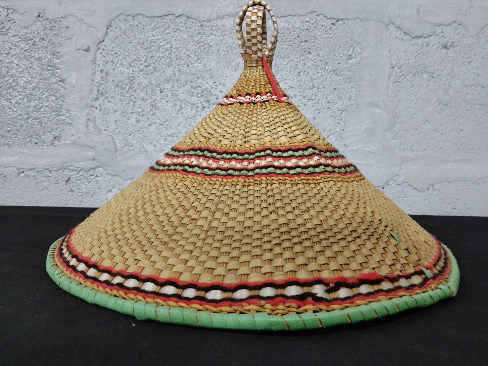 Hand‑woven Conical Straw Hat — Colour-banded rim, hanging loop (23 x 39 cm)