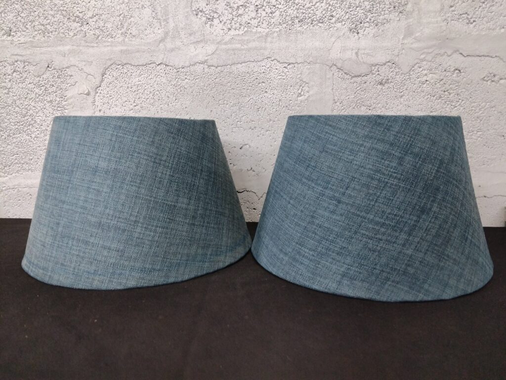 Pair of blue fabric lampshades (approx. 34 cm bottom) — spider fitter, used light wear