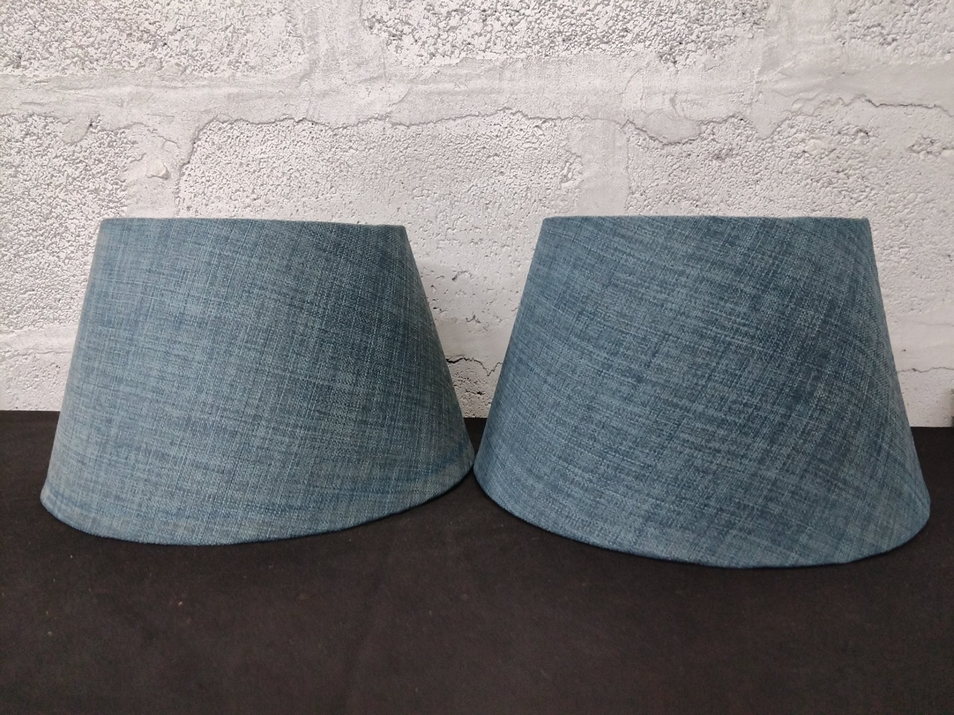 Pair of blue fabric lampshades (approx. 34 cm bottom) — spider fitter, used light wear
