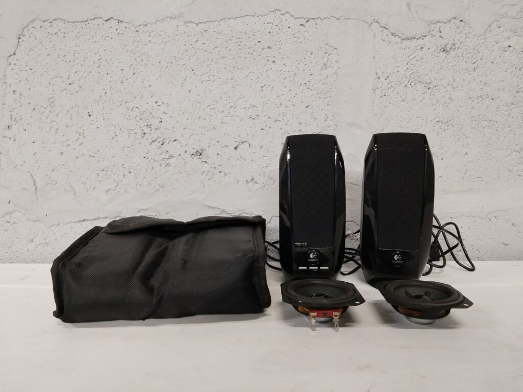 Logitech S-150 PC speakers (pair) — glossy black enclosures, loose internal drivers, carry bag
