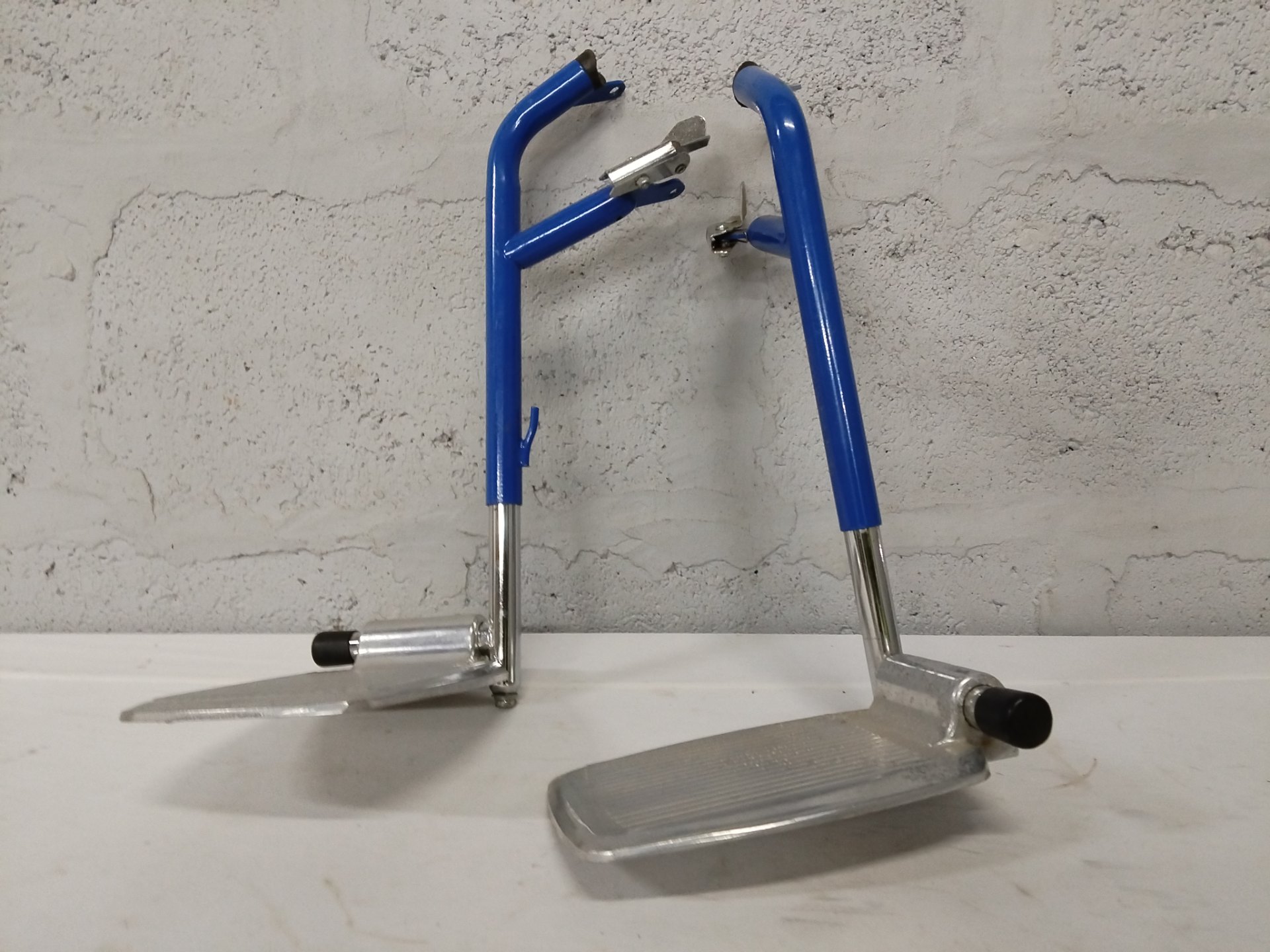 Pair of Folding Wheelchair Footrests — Blue Tubular Frames with Aluminium Footplates