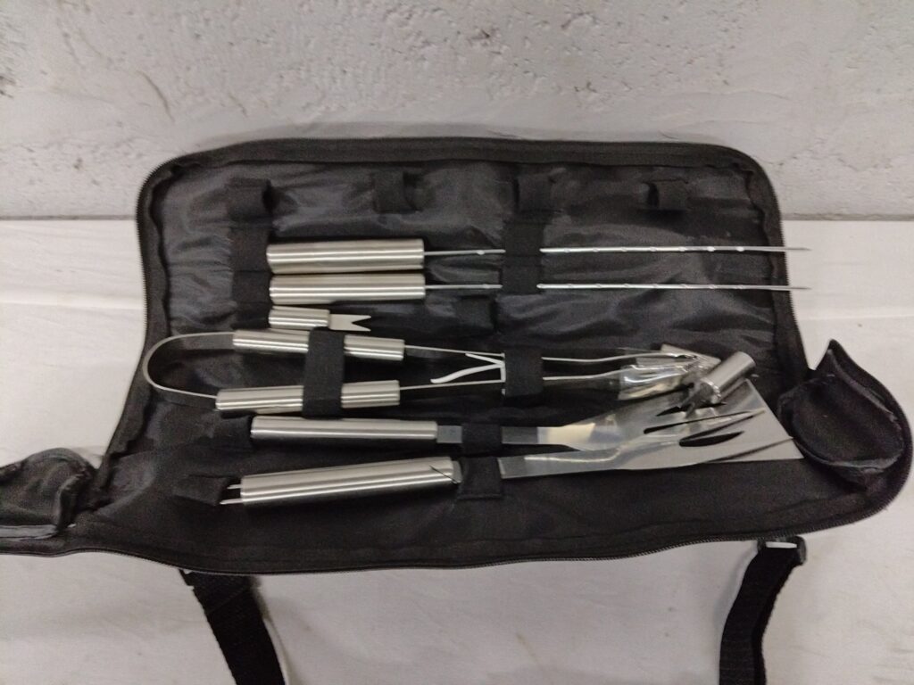 Stainless-steel BBQ / grill tool set in zip carry case — 8 tools (used, some items missing)