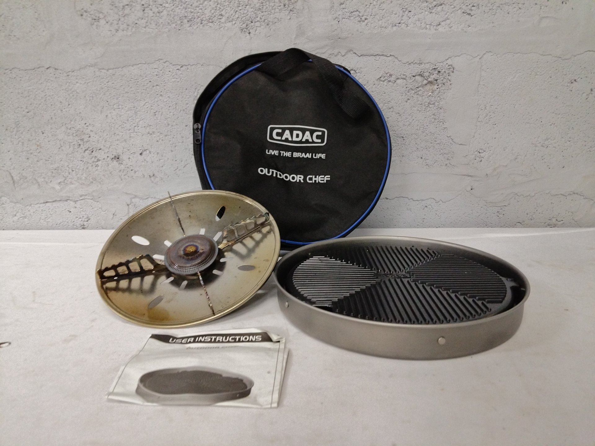CADAC Outdoor Chef portable gas BBQ — burner, grill plate, carry case, instructions (used, untested, burner cracked)