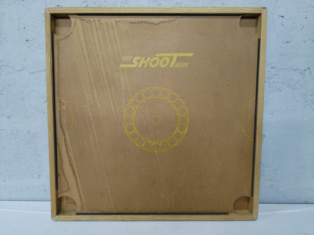 Carrom-style tabletop game board (78 x 78 cm) — wooden frame, ‘SHOOT’ printed surface