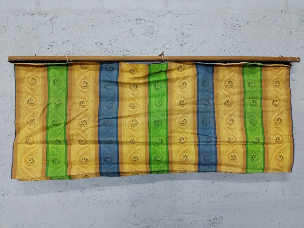Striped Fabric Roller Blind / Curtain Panel on Wooden Rod — 106 cm wide, lined