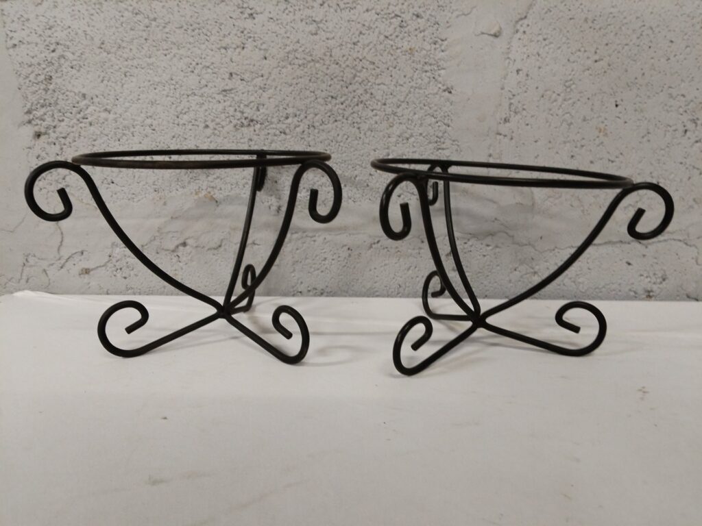 Pair of Black Metal Scrollwork Plant Stands — Decorative Small Round Top Rings