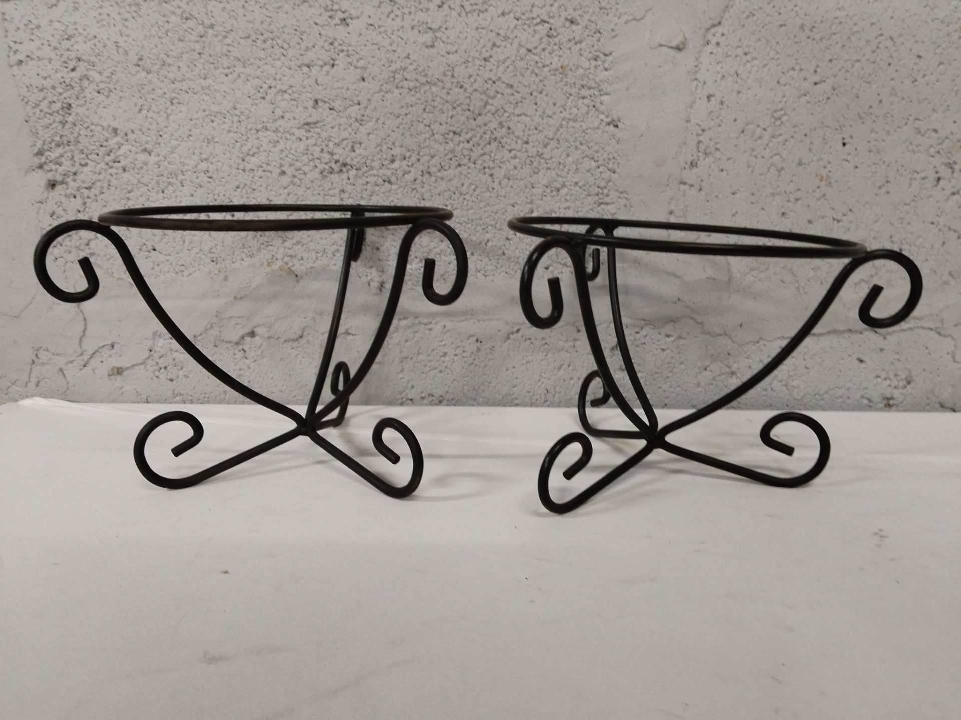 Pair of Black Metal Scrollwork Plant Stands — Decorative Small Round Top Rings