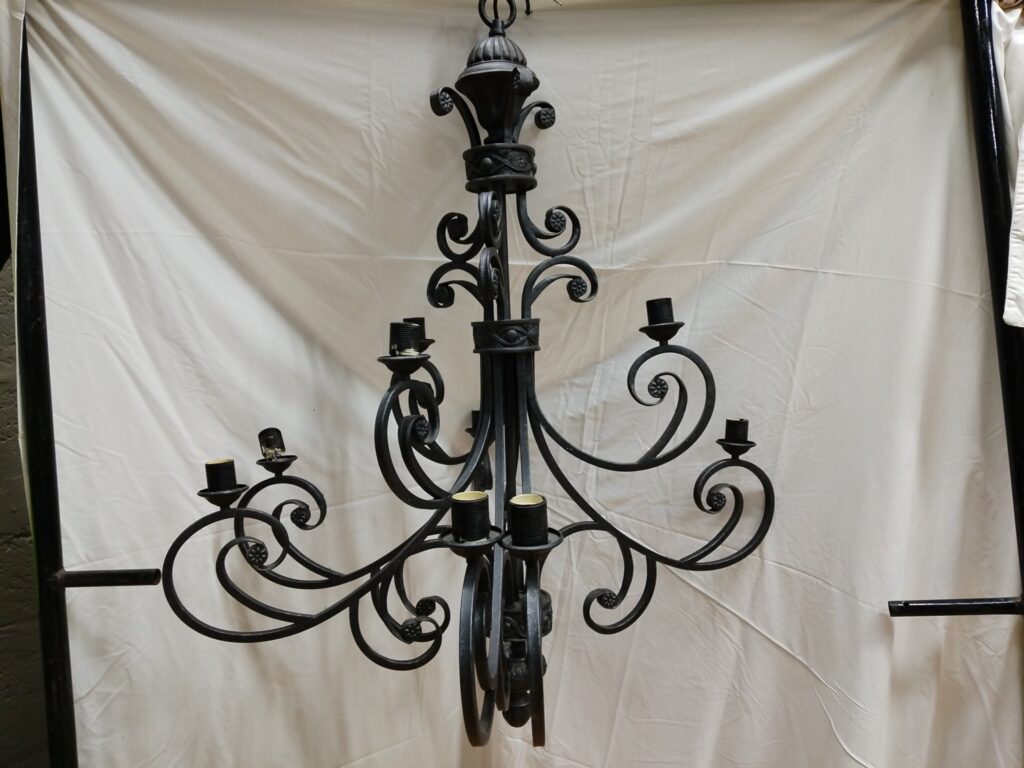 Large wrought-iron 9-arm scroll chandelier – decorative ceiling light (E27, needs attention)