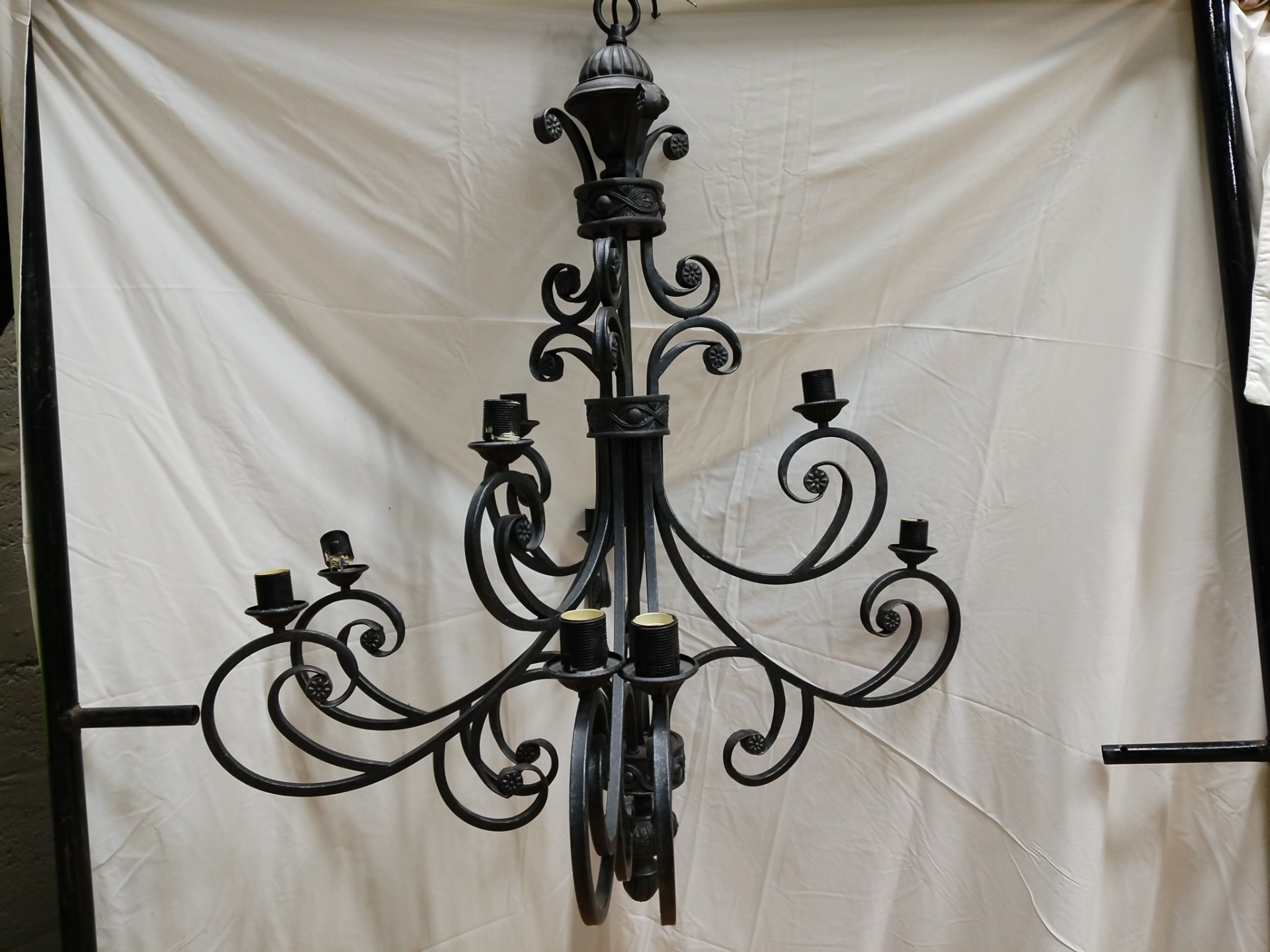 Large wrought-iron 9-arm scroll chandelier – decorative ceiling light (E27, needs attention)