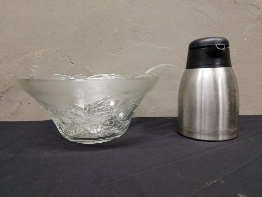 Glass floral punch / serving bowl with ladle + stainless vacuum jug (well‑used, jug leaks)