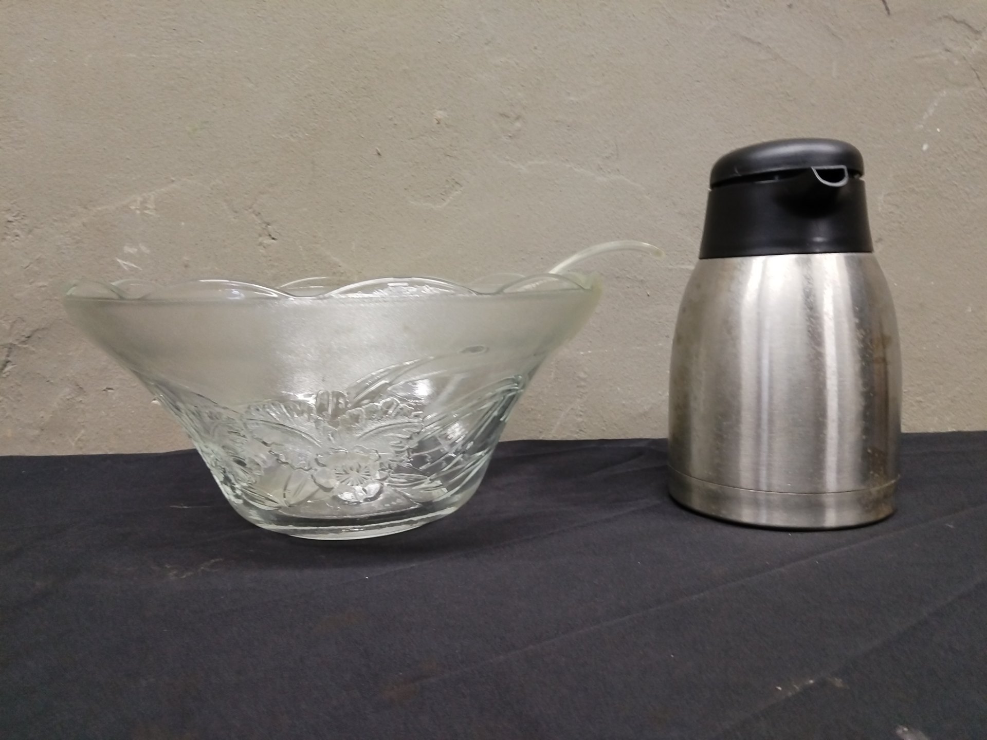 Glass floral punch / serving bowl with ladle + stainless vacuum jug (well‑used, jug leaks)