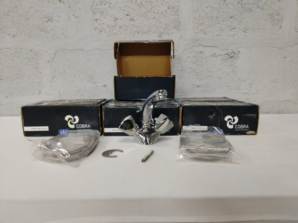 Lot: 6 x Cobra bathroom mixer taps — 5 complete sets with braided hoses & mounting kits (mixed condition)