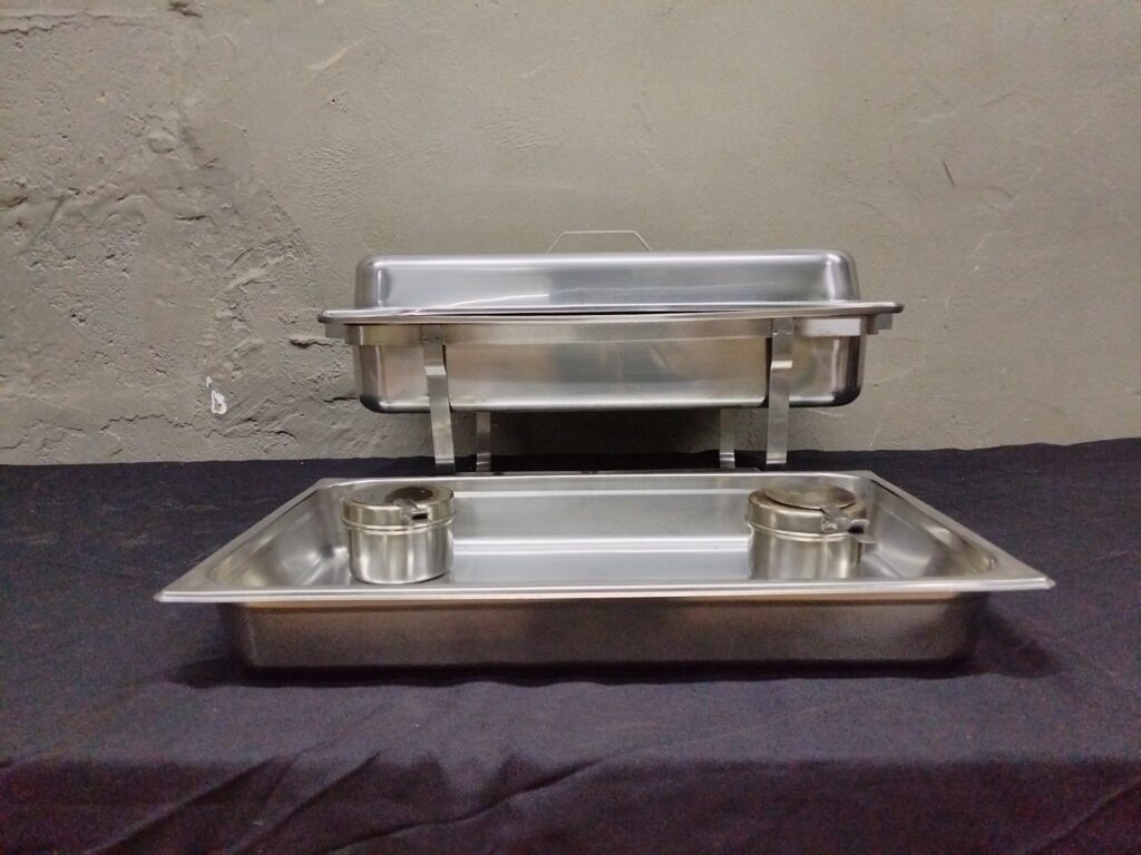 Stainless-steel rectangular chafer / buffet server – complete set with 2 fuel burners (used)