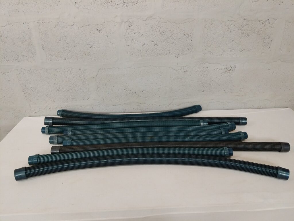 Lot of 9 Corrugated Vacuum / Utility Hoses with End Cuffs — approx. 95cm, 5cm ID (Used, untested)