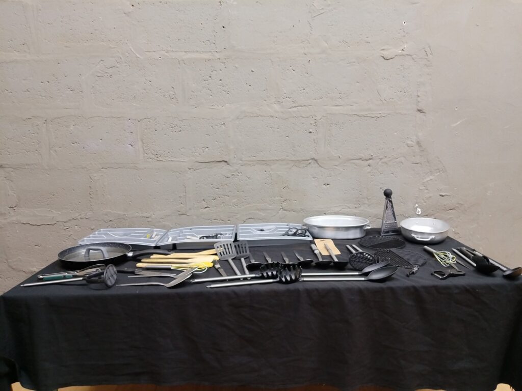 Assorted Kitchen Utensils & Cookware Lot — pans, cutlery trays, spatulas, ladles, graters, knives
