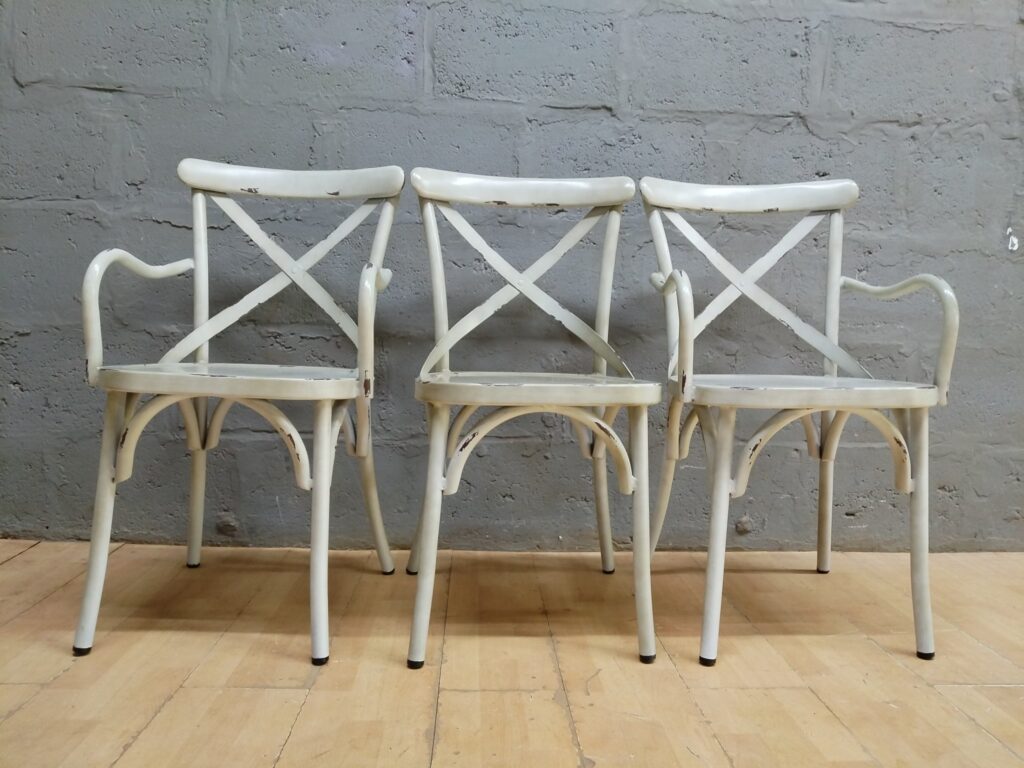 Set of 3 X‑back Metal Armchairs — Painted, Distressed Finish, Solid Frames