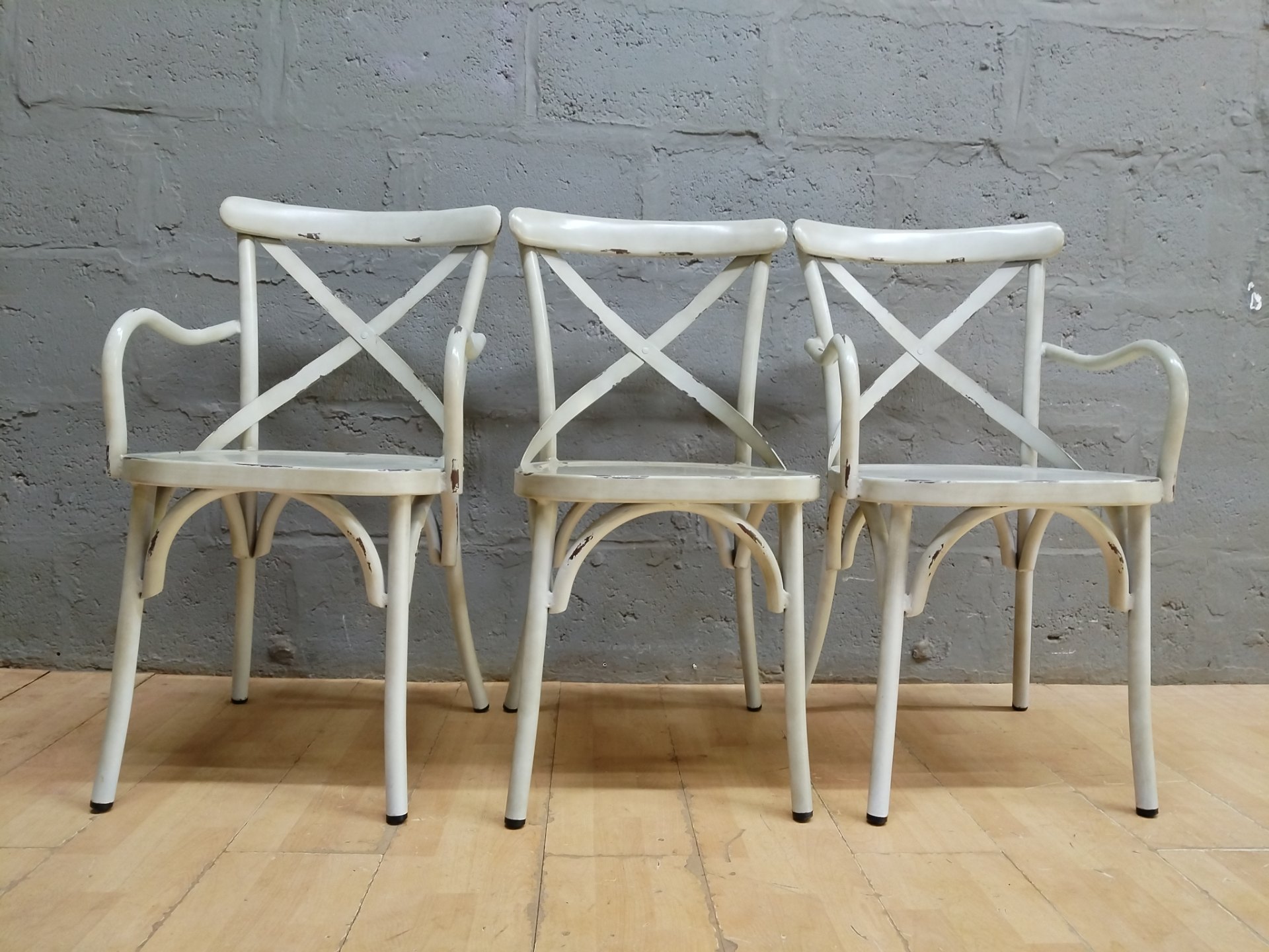 Set of 3 X‑back Metal Armchairs — Painted, Distressed Finish, Solid Frames