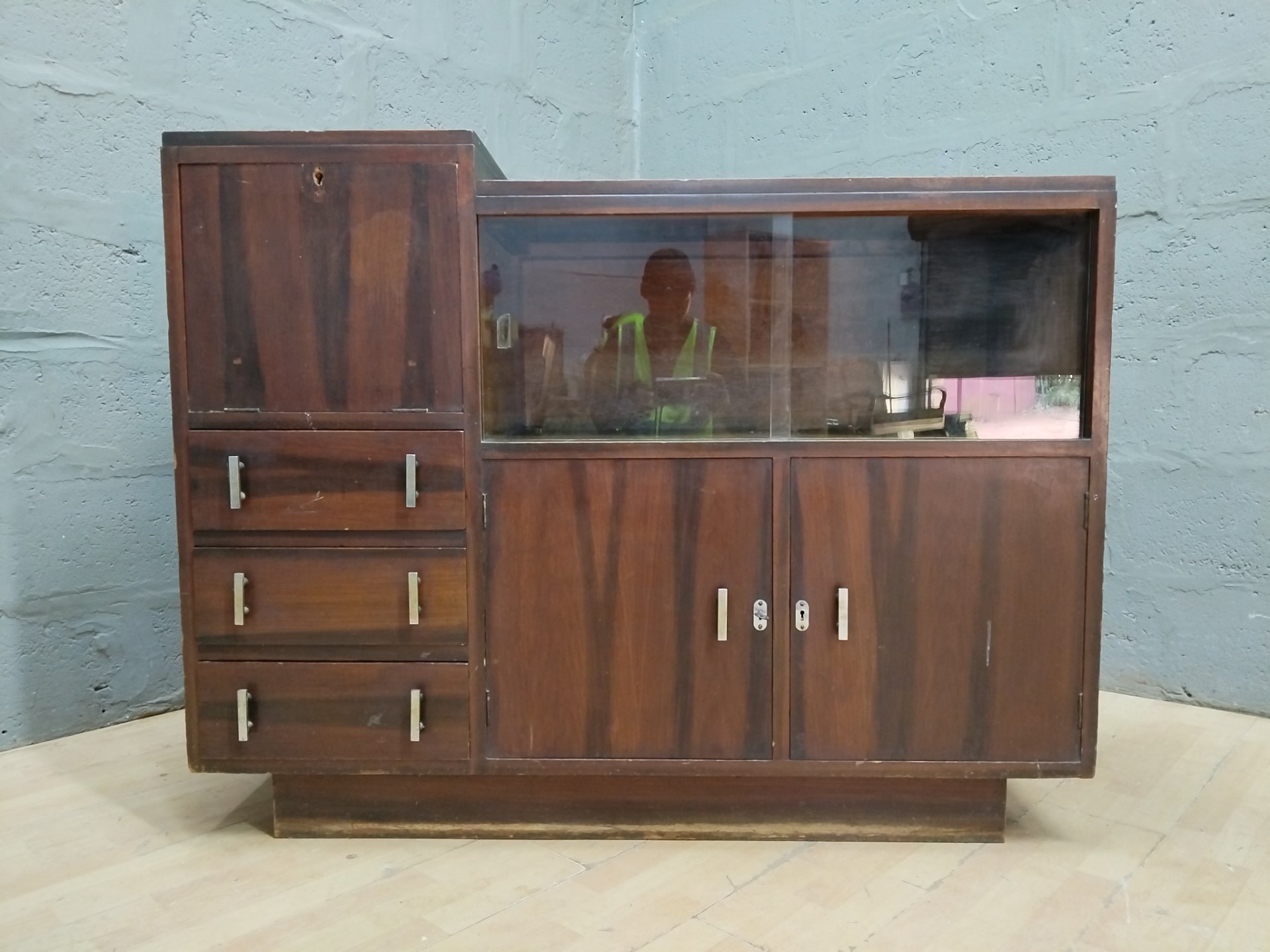 Wooden sideboard / display cabinet with sliding glass & drawers