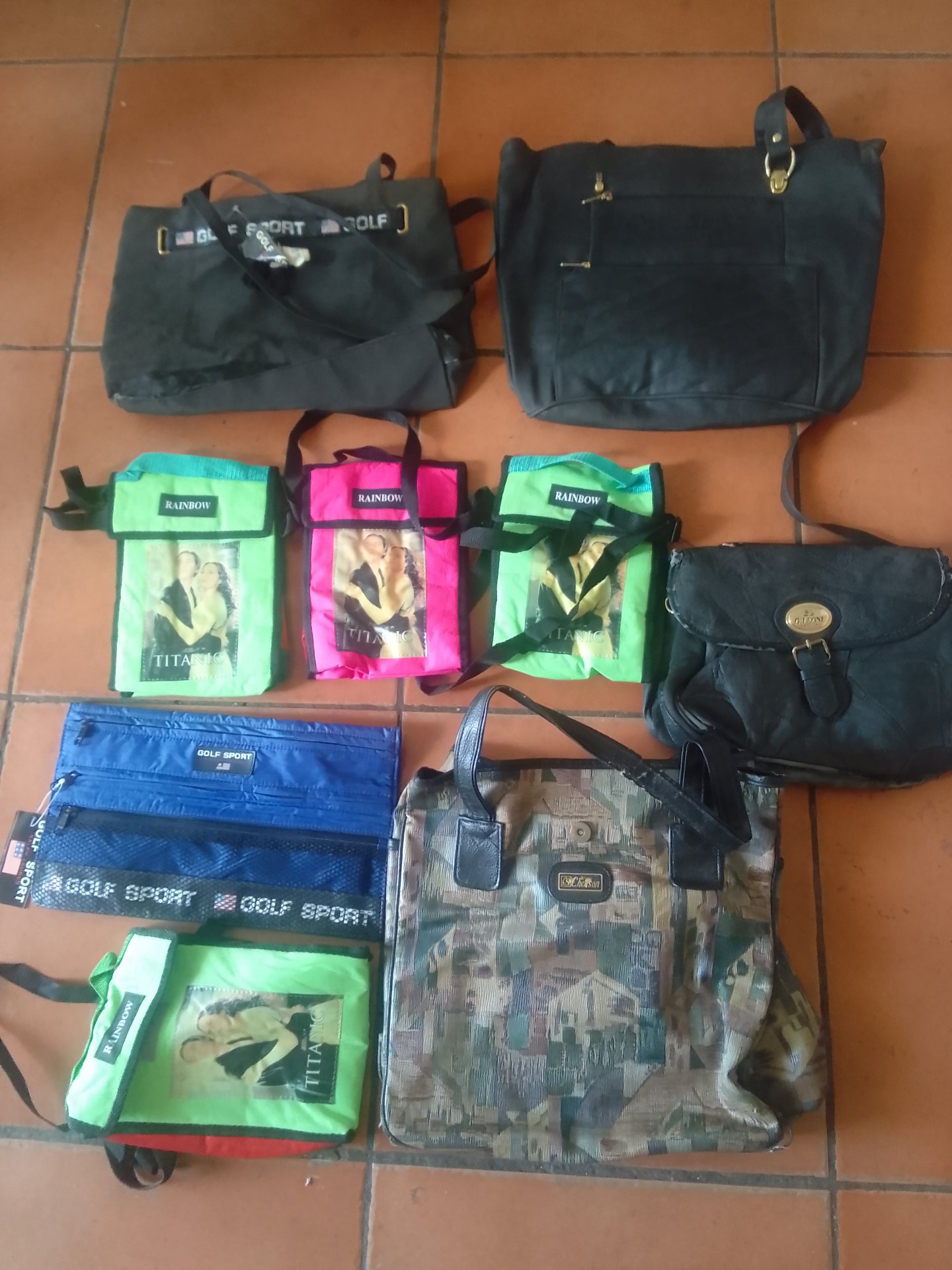 Lot of 9 Mixed Bags & Pouches — Rainbow ‘Titanic’ crossbody pouches, Golf Sport zips, camo and black totes — used, some need straps/clips