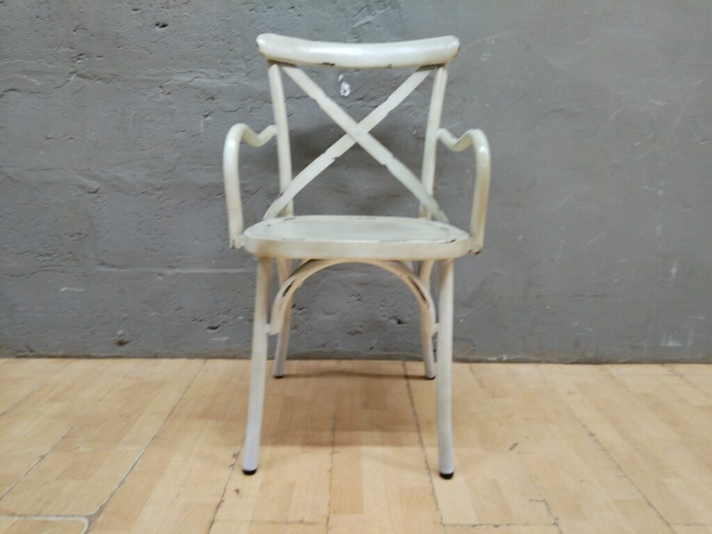 White bentwood-style armchair with arms — distressed painted finish, used (small crack)