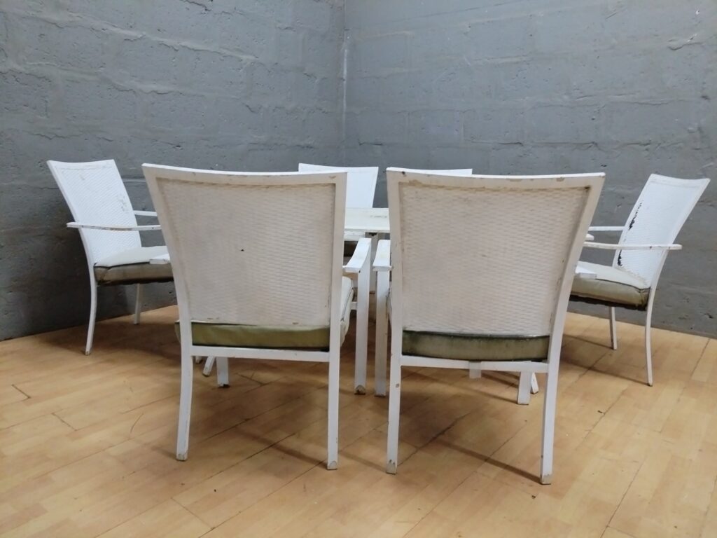 Outdoor patio dining set – rectangular table + 6 armchairs (needs restoration)