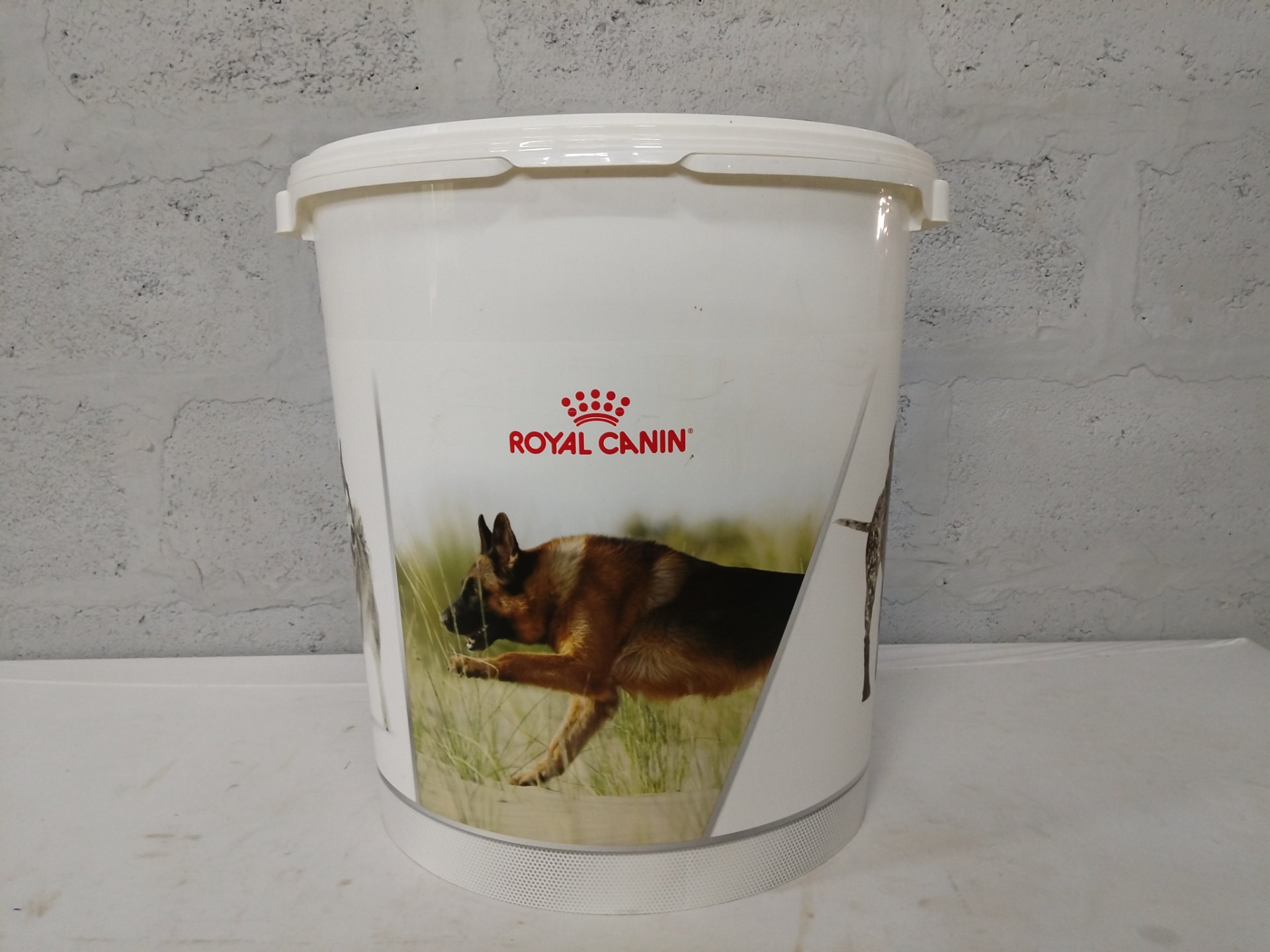 Royal Canin branded plastic pet-food storage bucket with snap-on lid — clean, used, label peels & small chip