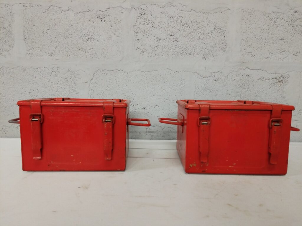 Pair of Red Metal Insulated/Transport Boxes with Gasketed Lids — 29 x 25 x 20 cm (each)