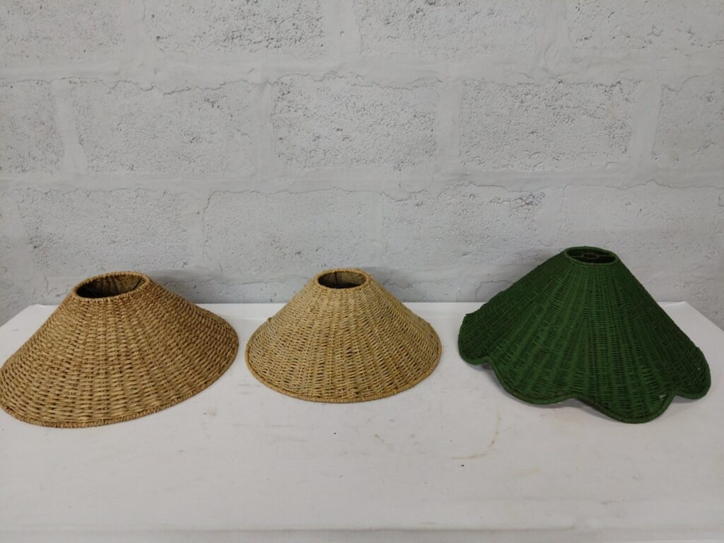 Lot of 3 woven/rattan lamp shades – two natural, one green (shade only)