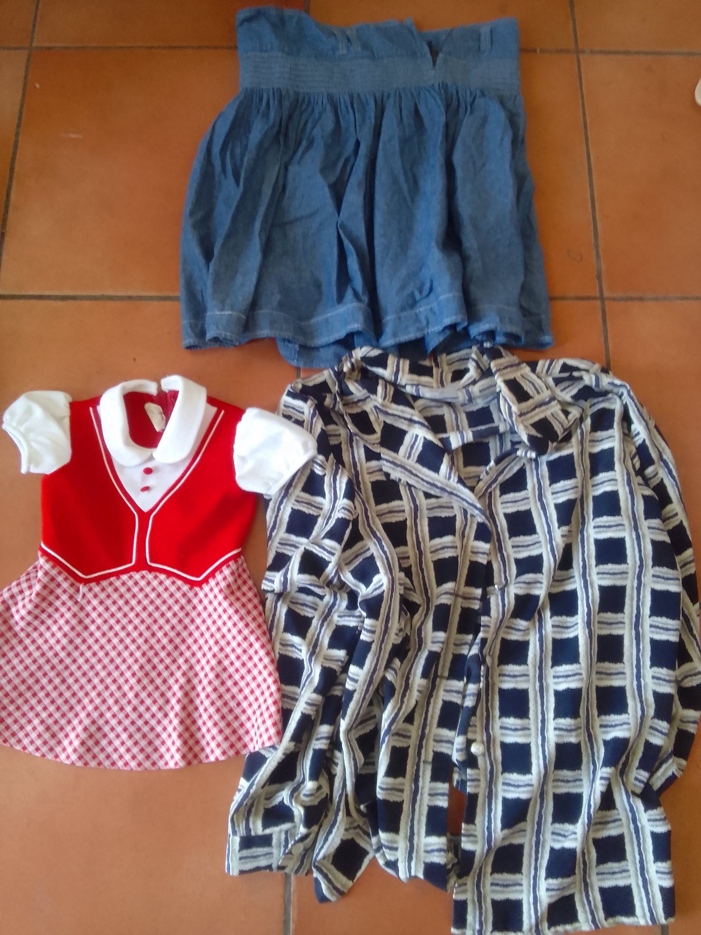 Mixed lot of 3 used garments — denim skirt, red/white child’s dress, navy/cream patterned blouse/robe