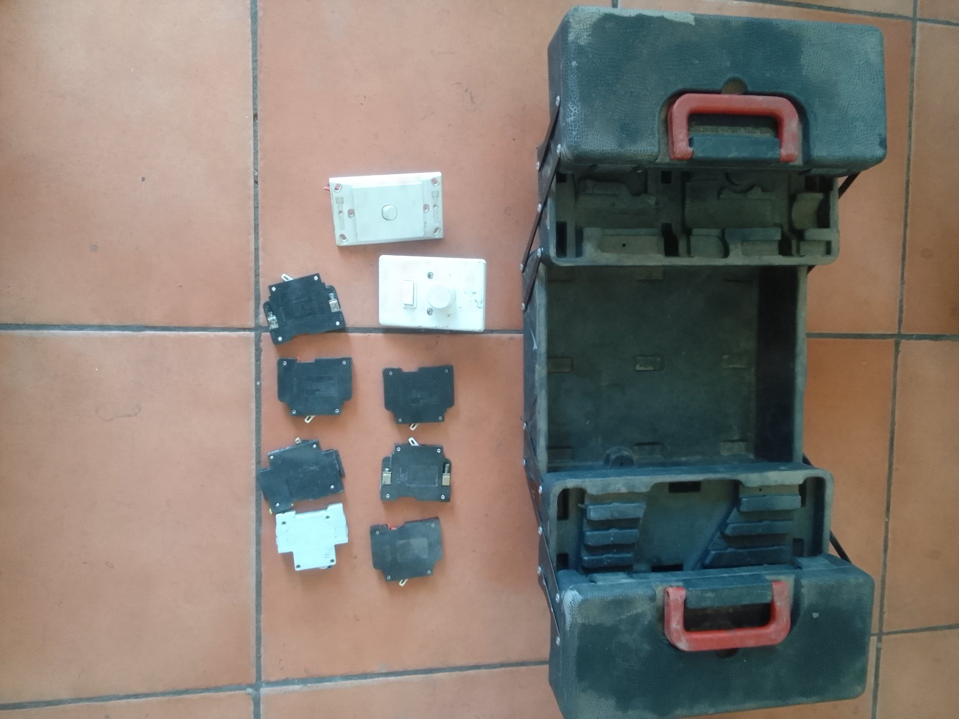Electrical toolbox with mixed switch/dimmer mechanism modules & faceplates — 10 pieces, used, untested