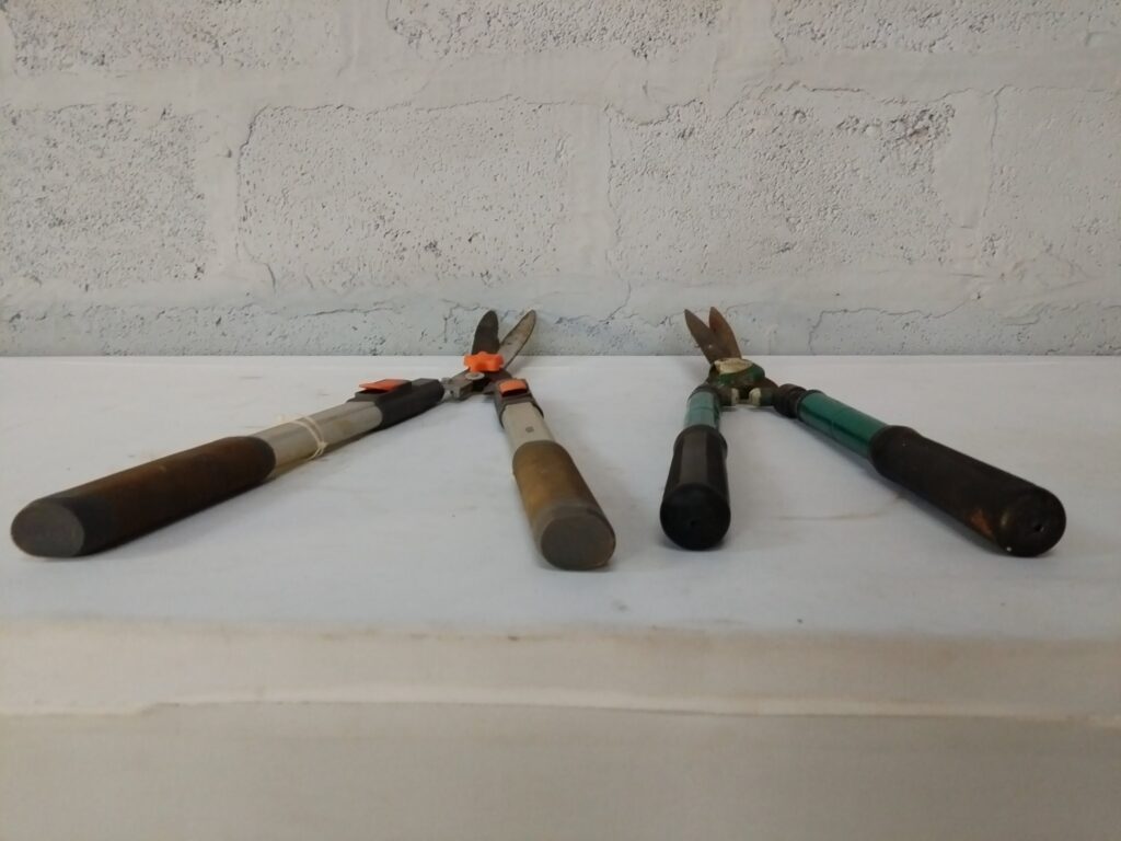 Pair of used hedge / grass shears — Raco pair + telescopic aluminium-handled shears