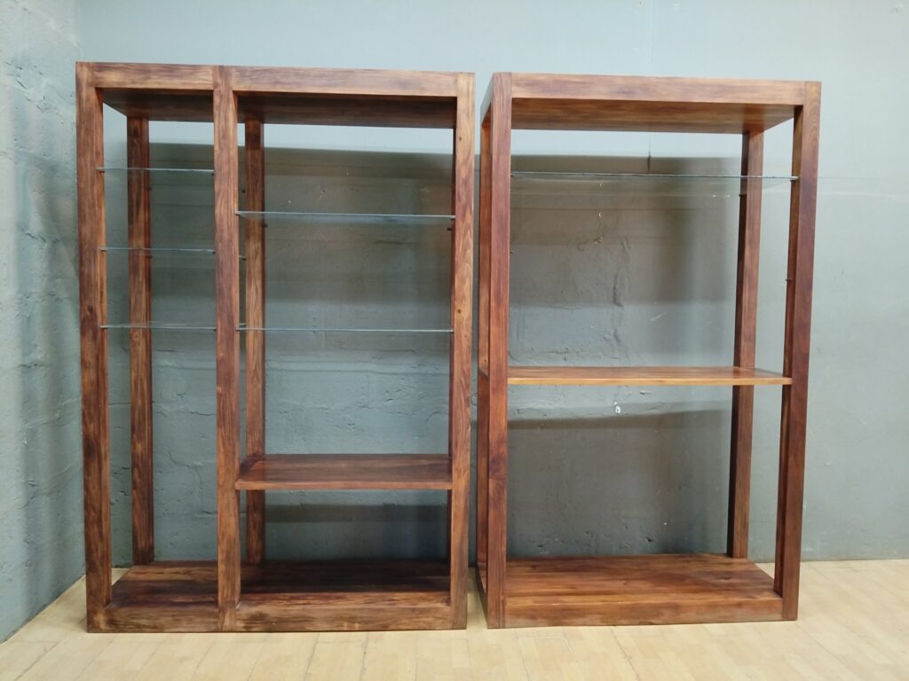 Pair of Tall Wooden Open Display Shelves with Glass Shelves – Solid frames, adjustable glass