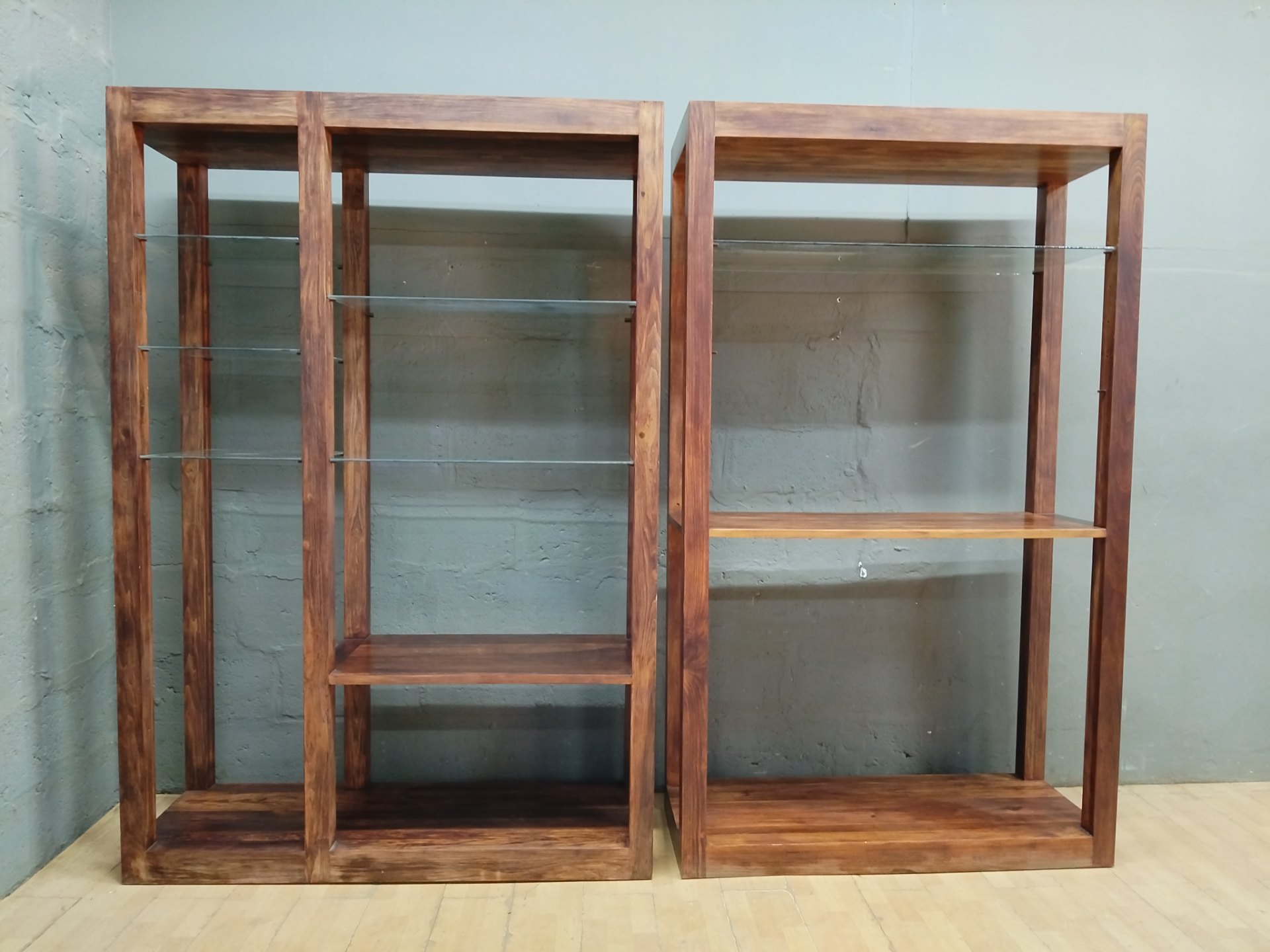 Pair of Tall Wooden Open Display Shelves with Glass Shelves – Solid frames, adjustable glass