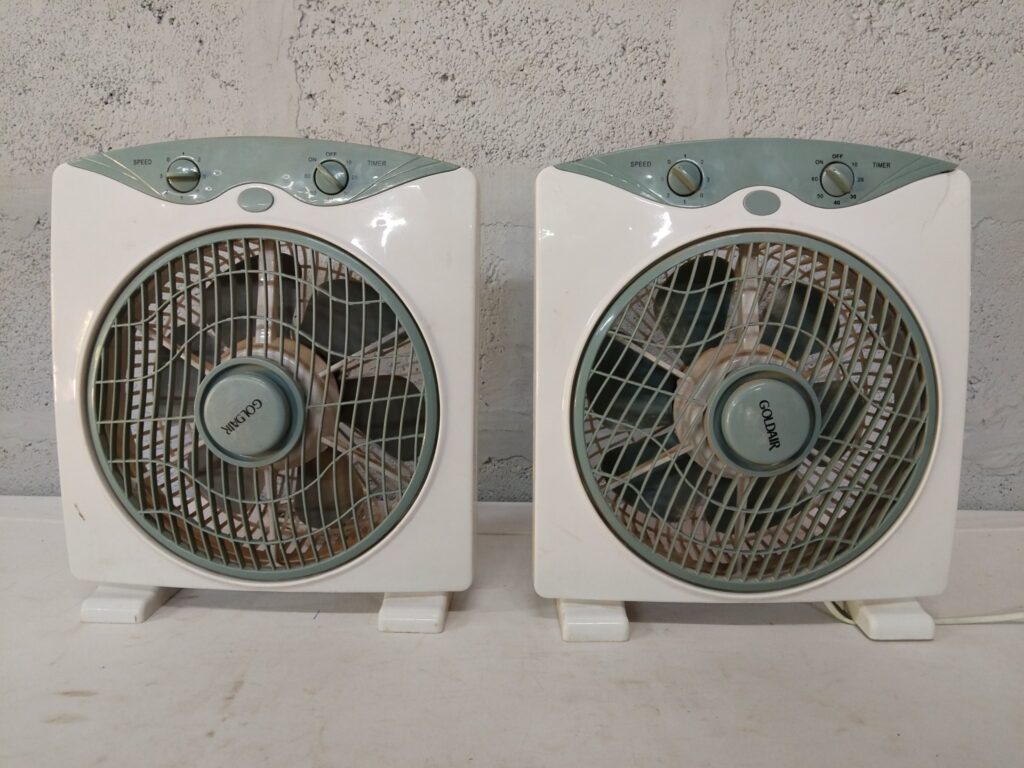 Pair of Goldair 25cm Box Fans (Model 42010) — Working, used, cosmetic wear