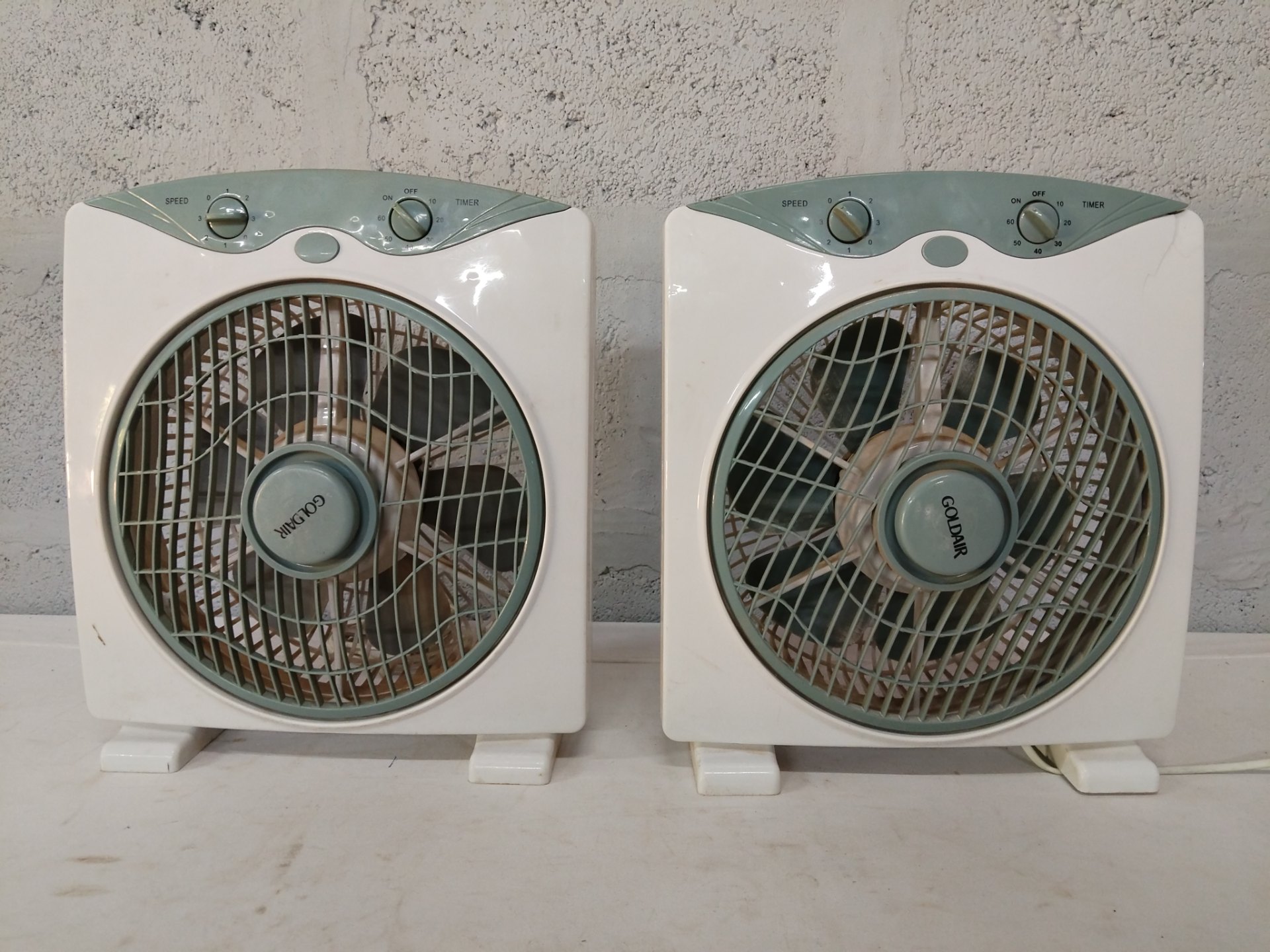 Pair of Goldair 25cm Box Fans (Model 42010) — Working, used, cosmetic wear