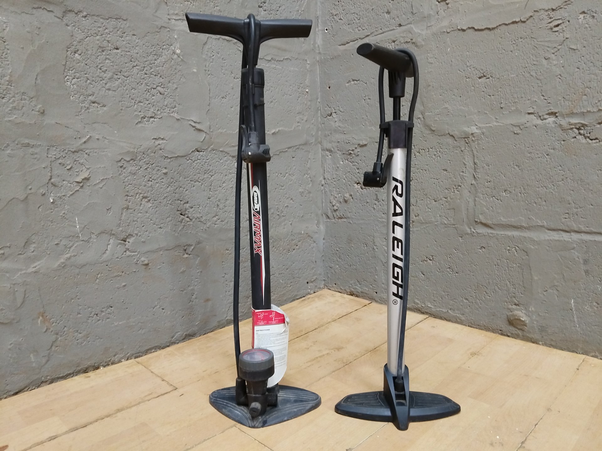 Pair of Bicycle Floor Pumps — Raleigh & RavX Airmax, Tested Working, RavX Gauge