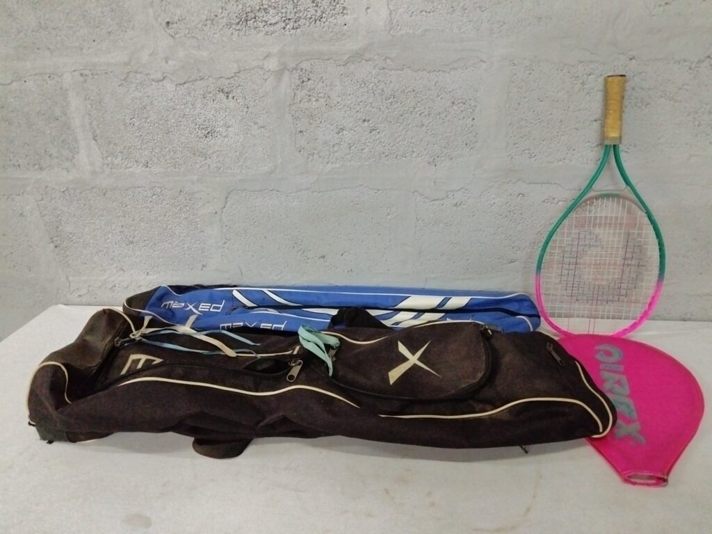 Mixed racket and bag lot — used children’s racket, Maxed tube cover, large sports bag, pink RIREX sleeve