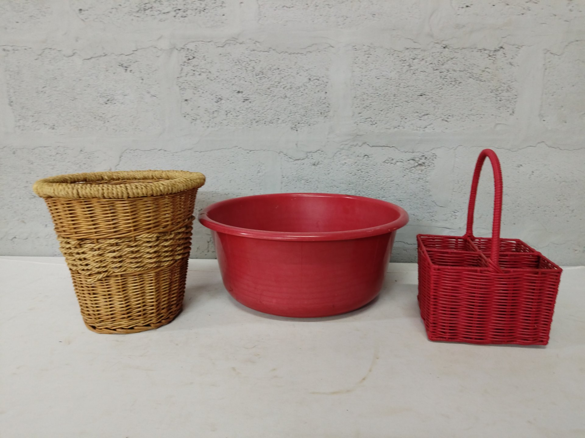Lot of 3 assorted baskets + red plastic basin — used household lot, visible wear
