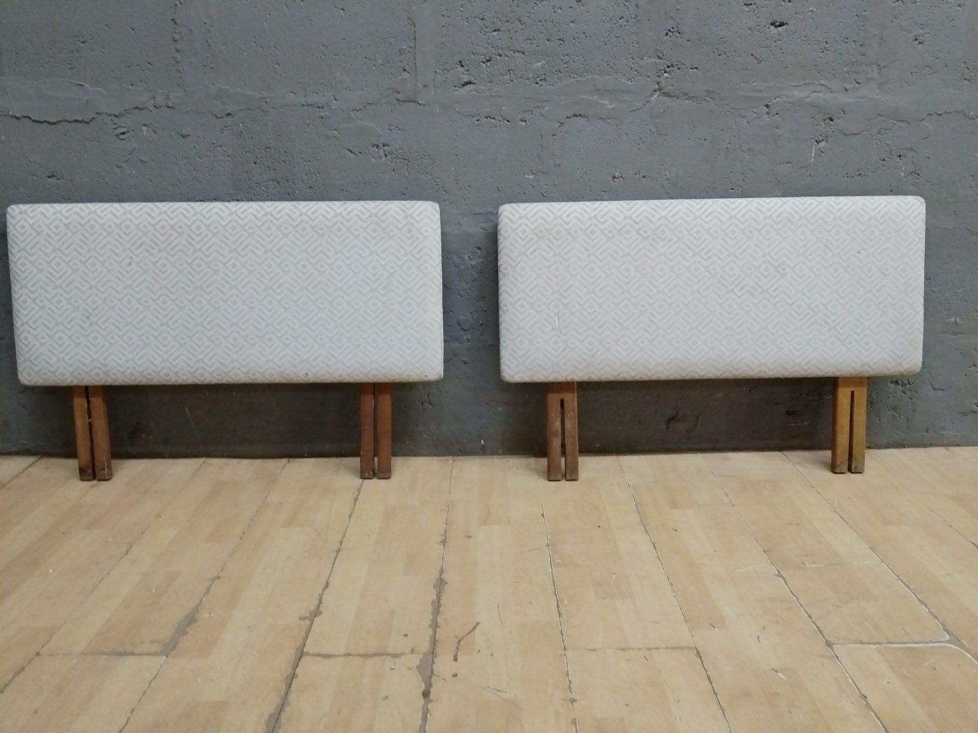 Pair of Upholstered Headboards on Wooden Legs — Patterned Fabric, 92 x 61 cm (each)
