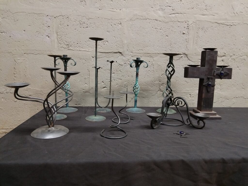 Lot of 11 Assorted Metal Candle Holders (Decorative, Wrought-Style) with Loose Blue Glass Jewels