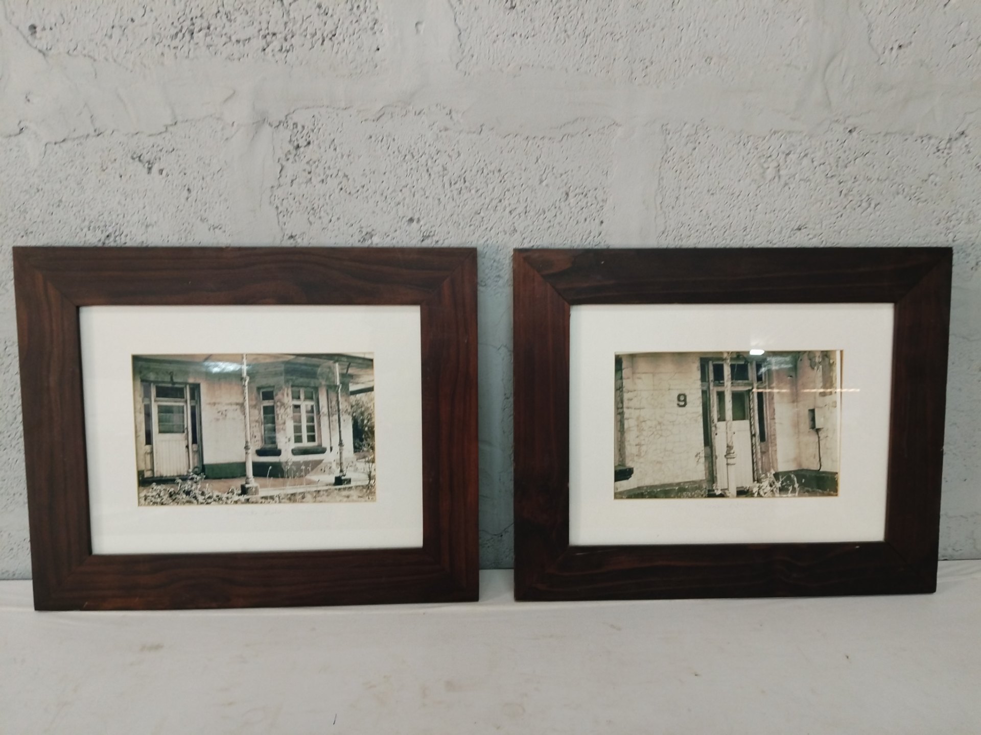 Pair of Framed Photographic Prints with White Mats — Signed, Wooden-stain Frames (54 x 44 cm each)