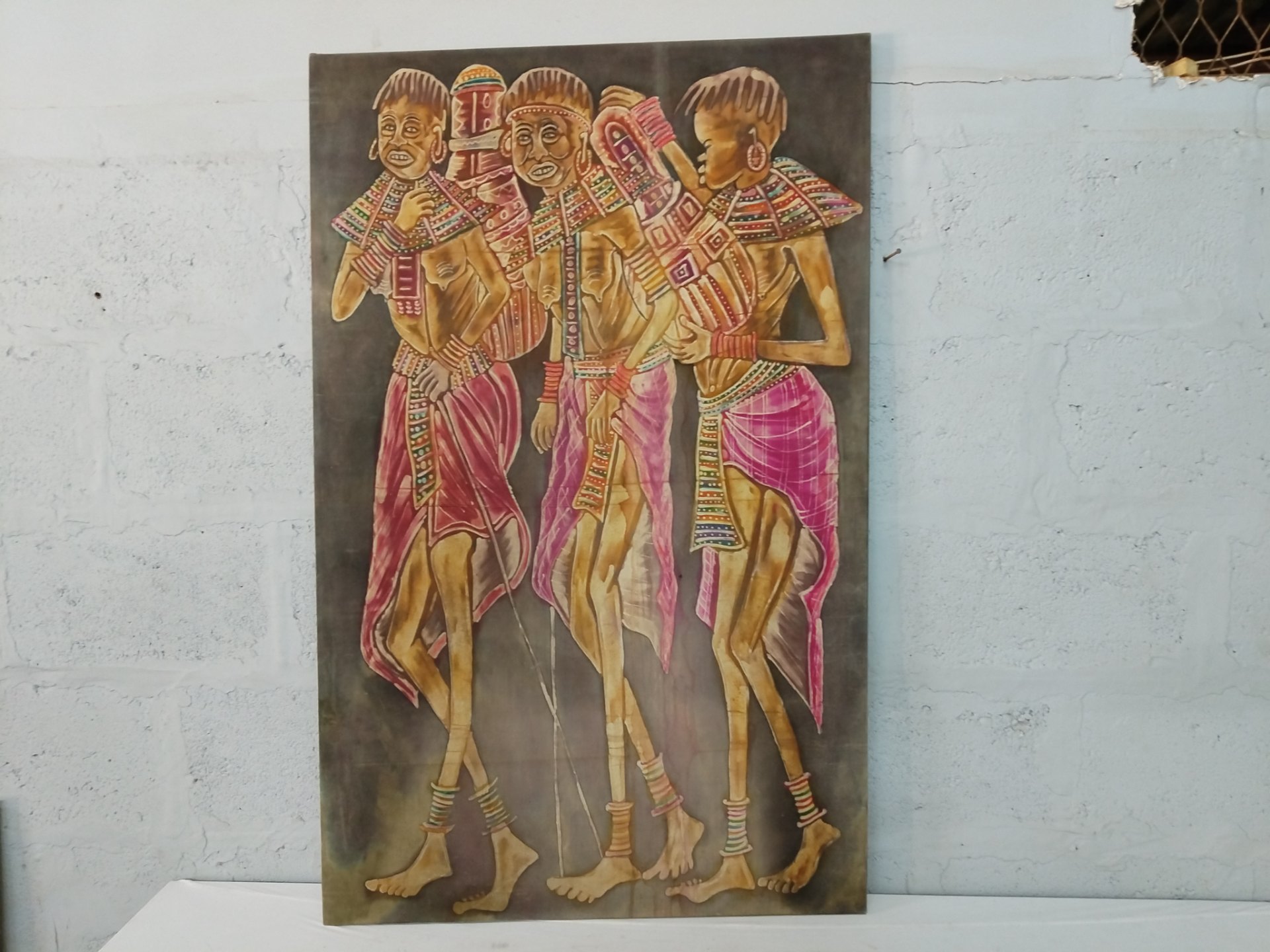 Large Painted Canvas-Board Panel — Group of Figures, 81 x 128 cm (H x W)