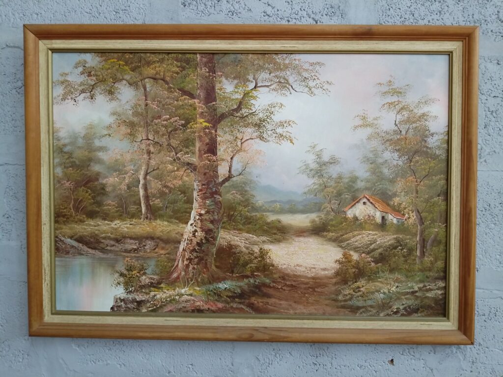 Signed framed oil-style landscape on stretched canvas — 100 x 70 cm, textured impasto, wooden frame included
